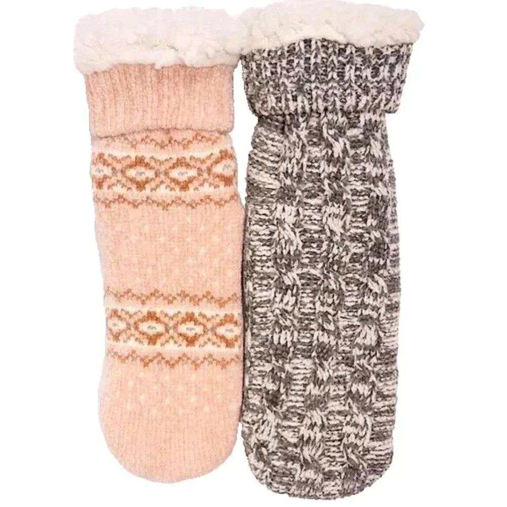 MUK LUKS Women's XL 2 Pack Lined Socks Faux Fur SIZE 8-10 Pink Gray NEW